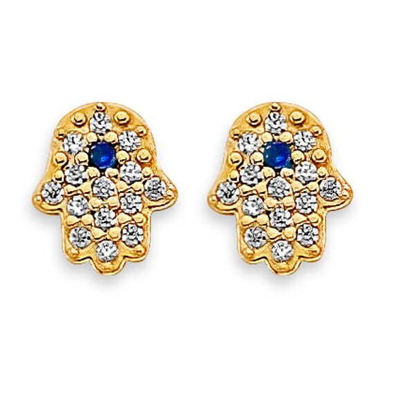 14K Yellow Gold Blue and Clear CZ Hamsa Stud Earrings with Screw Back